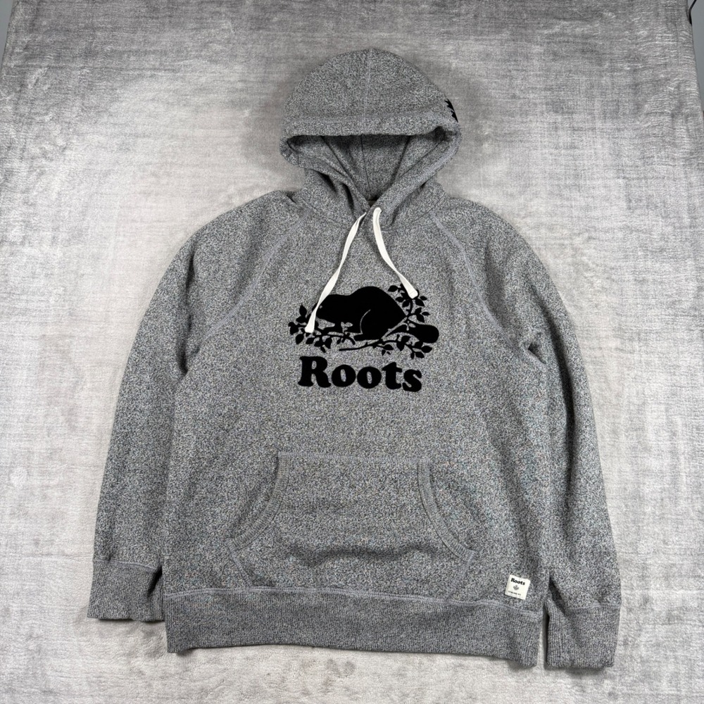 Roots Sweatshirt Men Large Grey Salt & Pepper Beaver Logo Hoodie Comfort